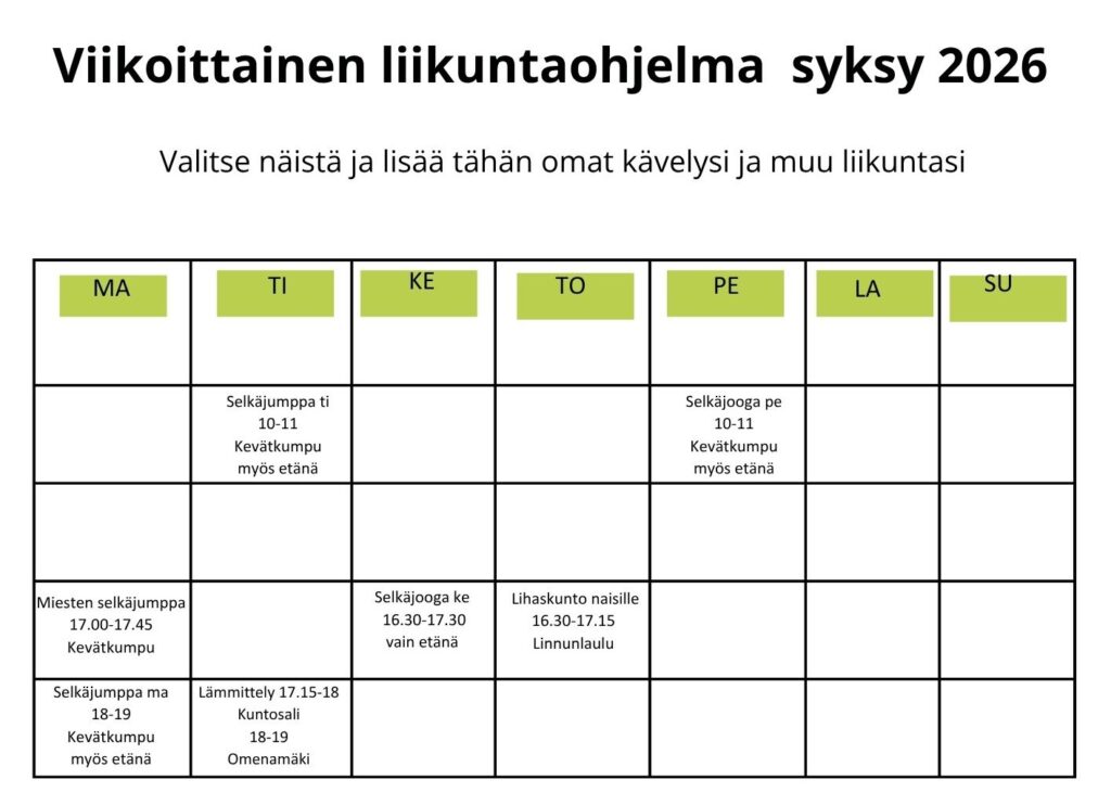 Porvoon Seudun Selkäyhdistyksen viikoittainen liikuntaohjelma